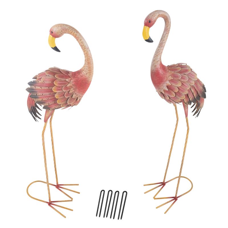 Flamingo Garden Statues - Set of 2 Lawn Ornaments - Handcrafted Bird Decor - Easy to Assemble Metal Yard Art with Stakes Included by Pure Garden, 1 of 2