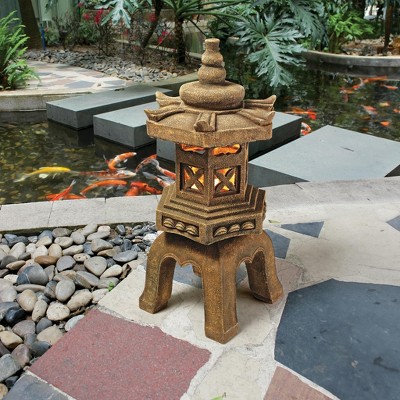 Sacred Pagoda Lantern Beige Resin Garden Statue with LED Lights