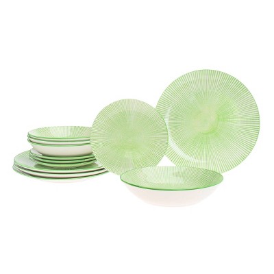 Sage and White Porcelain 12-Piece Dinnerware Set, Service for 4
