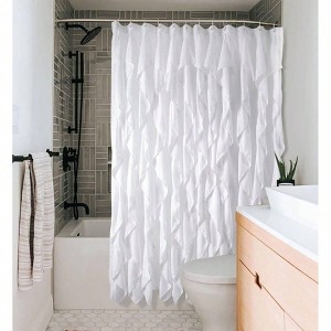 White Ruffle Bath Curtain 72x72 in Farmhouse Fabric Shower Curtain - 1 of 4