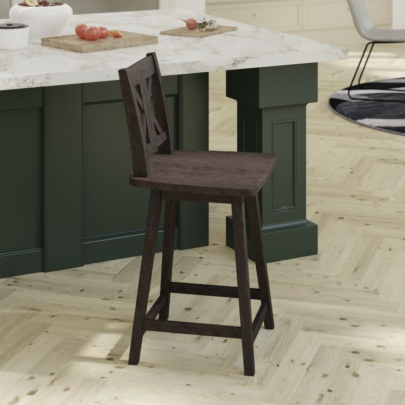 Emma and Oliver Wooden Modern Farmhouse Swivel Dining Stool with Decorative Carved Back, 4 of 12
