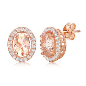 Bella Silver Sterling Silver Oval Morganite CZ with White CZ Border Stud Earrings - Rose Gold Plated - Rose - 1 of 3