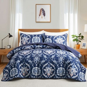 Peace Nest Soft Printed Coverlet Set Floral Geometric Bedspread, Modern Reversible Quilt and Shams Set - 1 of 4