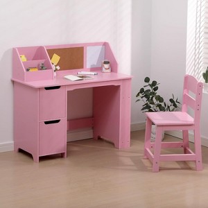 Kids Desk and Chair Set, Small Children Study Table and Chair Set with Storage Cabinets, Corkboard & Side Open Shelves - 1 of 4