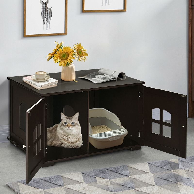 Costway Large Wooden Cat Litter Box Enclosure Hidden Cat Washroom w/ Divider, 4 of 11