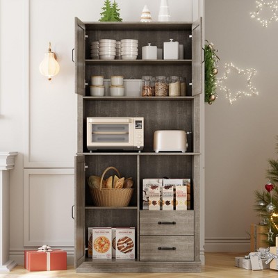 Pantry Cabinet with 2 Drawers and Open Shelves, Tall Freestanding Kitchen Pantry Cabinet with Microwave Shelf