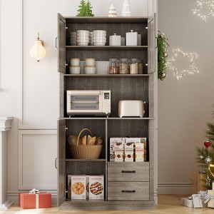 Pantry Cabinet with 2 Drawers and Open Shelves, Tall Freestanding Kitchen Pantry Cabinet with Microwave Shelf - 1 of 4