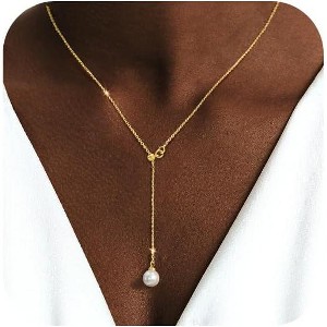 Lariat Gold Necklace for Women: Dainty 14K Gold Plated/Silver Y-Shaped Beaded Drop Chain, Trendy Gift - 1 of 4