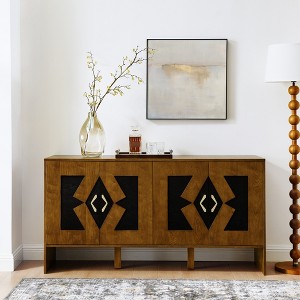 60" Mid Century Modern TV Stand with Geometric Pattern, 4 Doors, Adjustable Shelves, Outlet Holes, Storage Cabinet for Living Room, Kitchen, Entryway - 1 of 4