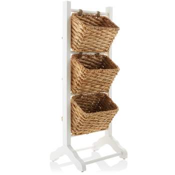 Casafield 3-Tier Floor Stand with Hanging Storage Baskets - Wood Tower Rack for Bathroom, Kitchen, Laundry, Living Room