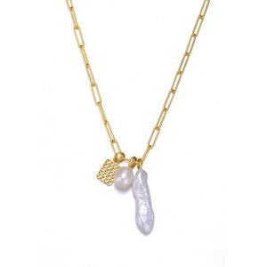 Guili Sterling Silver 14K Gold Plated Necklace with Freshwater Pearls, Cubic Zirconia Links, and Lobster Claw Clasp for modern elegance. - 1 of 2