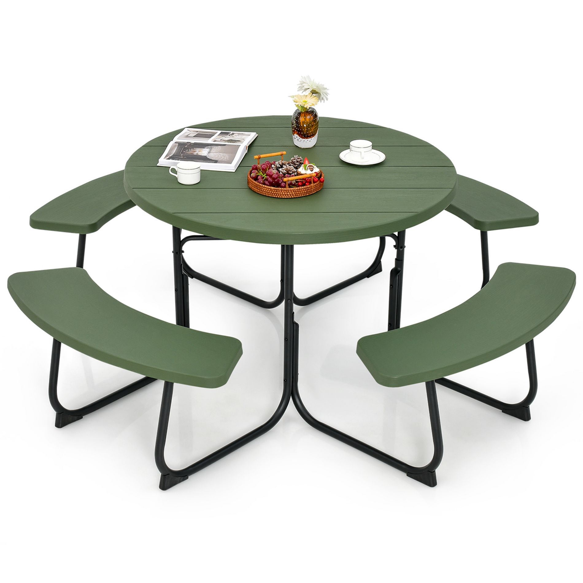 Costway Outdoor 8-person Round Picnic Table Bench Set with 4 Benches & Umbrella Hole Green