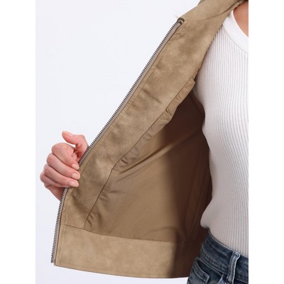 Allegra K Women's Faux Leather Zip Up Long Sleeve Vintage Moto Biker Jackets X-Large Tan — фото 5