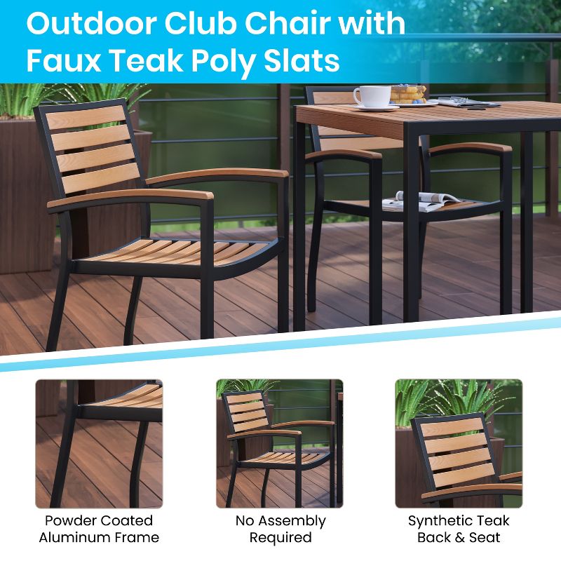 Emma and Oliver Set of 2 Stackable All-Weather Black Aluminum Patio Chairs with Faux Teak Slats, 4 of 12