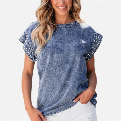Amaryllis Women's Denim Top Pearl Embellished Short Sleeve Acid Wash Relaxed Fit Casual Tee with Frayed Hem