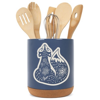 Elanze Designs Kitchen Utensil Holder With Non Slip Cork Base Large 8 Inch Ceramic Storage Crock Forest Animal Countertop Organizer Sly Floral Fox