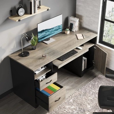 Gray Executive Desk with Storage Cabinet and Keyboard Tray