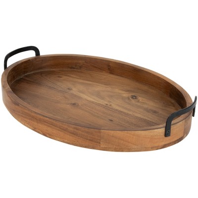 Set of 3 Acacia Wood Trays with Metal Handles