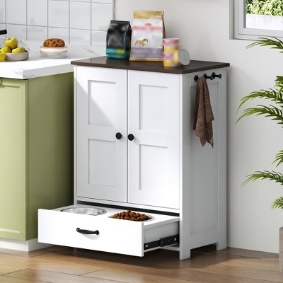 Ridstar Medium Sized Dog Food Storage Cabinet with Hidden Dog Bowls, Adjustable Panel & Hooks-White