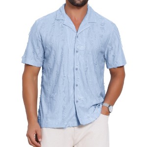 INSPIRE CHIC Men's Camp Collar Button Down Short Sleeve Distressed Ripped Casual Shirts - 1 of 4