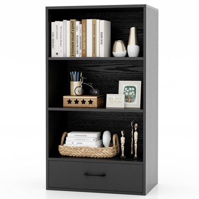 Tangkula 4-Tier Bookcase w/Storage Drawer Modern Storage Shelf w/3-Tier Open Shelf Freestanding Display Shelf Grey/Natural/White