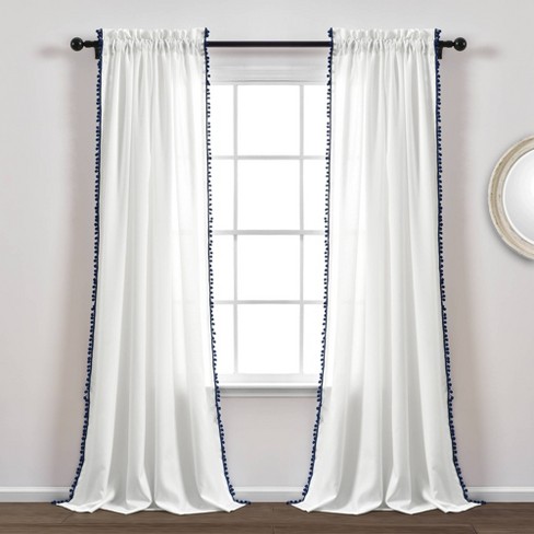 50 X84 Pom Window Curtain Panel, White Curtains With Navy Blue Trim