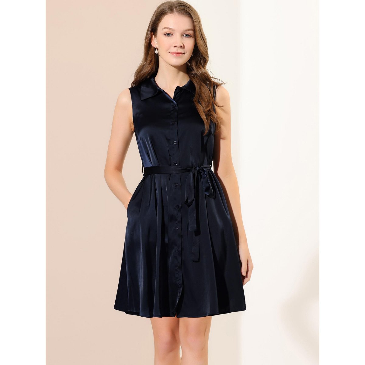 Женские платья INSPIRE CHIC Women's Sleeveless Solid Button Front Workwear Belted Shirt Dress Dark Blue Large — фото 5