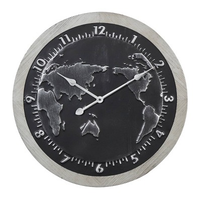 25" x 25" Large Round Map Metal Wall Clock with Wood Frame Black/Silver - Olivia & May