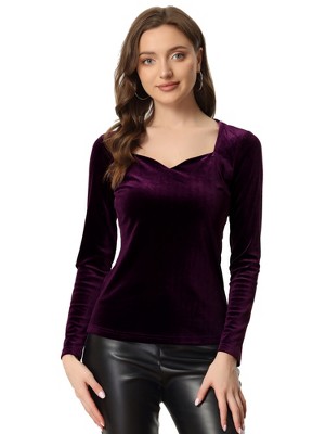 Allegra K Women's Velvet Sweetheart Neck Elegant Long Sleeves Blouses ...