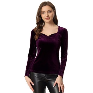 Allegra K Women's Velvet Sweetheart Neck Elegant Long Sleeves Blouses - 1 of 4