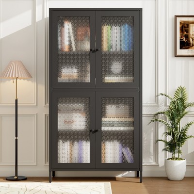 Vynxaria Classic Double-Door Cabinet with Waffle-Grids Glass and Adjustable Shelves