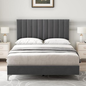 TROPOW  Bed Frame with Velvet Headboard Adjustable, Bed Frame with Strong Wood Slats, Velvet Upholstered Platform, Noise-Free, No Box Spring Needed - 1 of 4