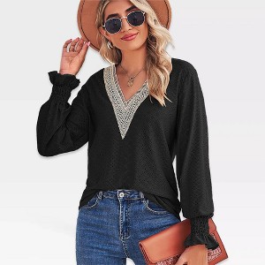 Womens Long Sleeve V Neck Blouse with Lace Detail and Ruffled Sleeves Tunic Style - 1 of 4