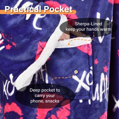 Catalonia Blue and Red Fleece Sherpa Wearable Blanket with Sleeves
