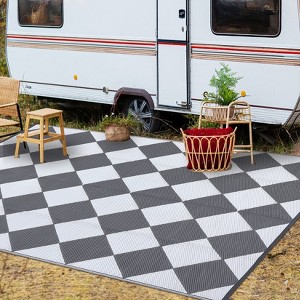 Outdoor patio rug, plastic straw. Waterproof, reversible, modern geometric trellis. For porch, RV, backyard, pool, picnic, beach, camping - 1 of 4