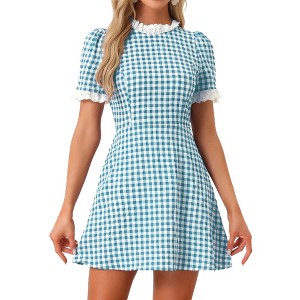 Allegra K Women's Summer Ruffle Neck Lace Panel Short Sleeve Check Gingham Dress - 1 of 4
