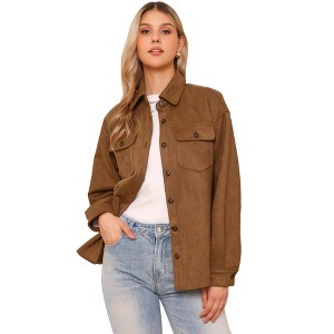 INSPIRE CHIC Women's Faux Suede Turn-Down Collar Long Sleeve Casual Button Down Shirt Jacket - 1 of 4