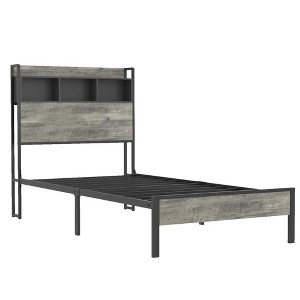 Gulches Twin Size Bed Frame With Headboard Storage Middle Charging Station Wood Slats Noise Free No Box Spring Needed - 1 of 4