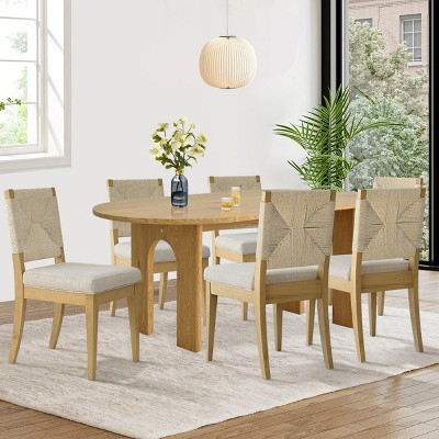 7-Pcs Modern Dining Set 67" Oval Oak Dining Table with Wood Beige Armless Dining Chair Paper Rope Back for Dining Room Indoor Furniture-Tanpinhause