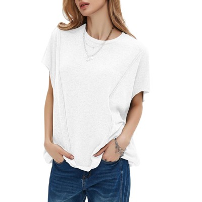 EXLURA Women's Summer Exposed Seams Oversized Tops 2025 Casual Workout T Shirts Trendy Pleated Dressy Crewneck Tunic Outfits