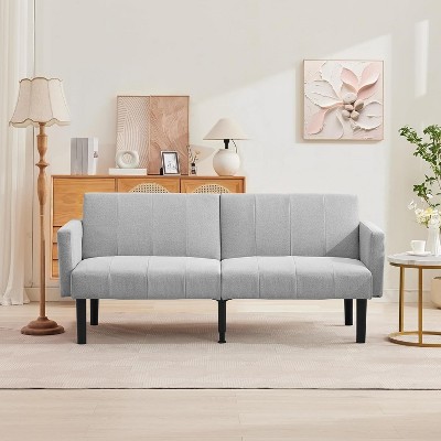 75.5” Convertible Futon Sofa Bed, Linen Flannel Small Couch Sofa with Wood Legs & 700lbs Capacity, Adjustable Folding Loveseat