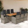 vidaXL 9 Piece Patio Dining Set - Gray Poly Rattan & Acacia Wood Table with Cushions, Foldable Chairs for Garden Patio Backyard - 2 of 4