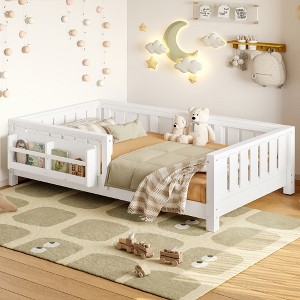 KTMBDW Floor Bed for Children,Sturdy Wood Montessori Bed Frame with Fence,Built-in bookshelf, Montessori Floor Bed for Girls and Boys - 1 of 4