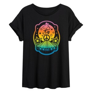 Women's - Peanuts - Woodstock Rainbow Psychdelic Peace Oversized Graphic T-Shirt - 1 of 4