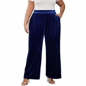 Clearlove Women's Plus Size Velvet Wide Leg Pants with Comfort Waistband Elastic Waist Casual Trouser - 1 of 4
