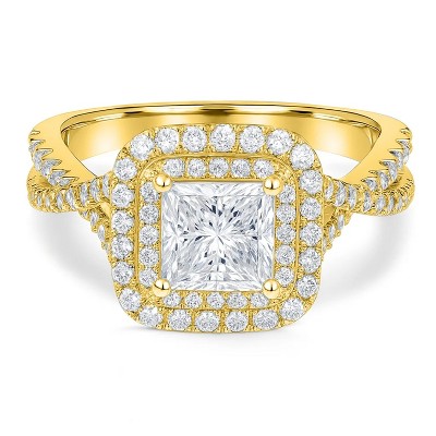 1 Carat Princess Cut Moissanite Engagement Ring - Double Halo Ring - Cluster Ring - 18k Yellow Gold Plated
