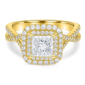 1 Carat Princess Cut Moissanite Engagement Ring - Double Halo Ring - Cluster Ring - 18k Yellow Gold Plated - 1 of 4