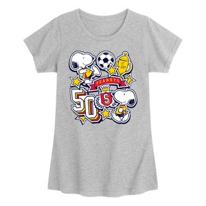Girls' - Peanuts - Snoopy Soccer Stickers Fitted Short Sleeve Graphic T-Shirt - 1 of 4