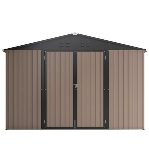 PAGED 10x10 FT Outdoor Storage Shed with Utility and Tool Storage,Steel Yard Garden Shed with Lockable Doors,Large Tool Shed for Patio,Brown - 1 of 4