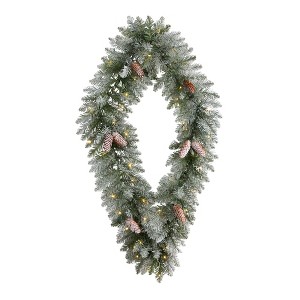 Nearly Natural 3-ft Holiday Christmas Geometric Diamond Frosted Wreath with Pinecones and 50 Warm White LED Lights - 1 of 3